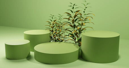 Cosmetic product display podium with leaves ,3d rendered premium image