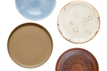 clean empty handmade ceramic plate isolated on white background, food dishes for cut out and design, copy space and mock up template.