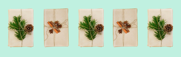 eco friendly merry christmas gift in craft paper wrapping, zero waste reusable concept, natural decor and sustainable lifestyle no people.