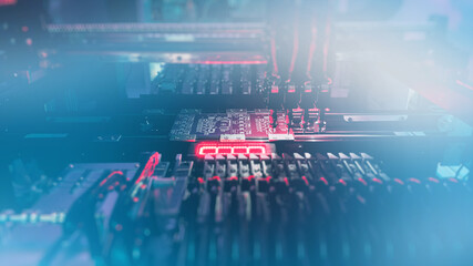 Blue Neural Ai SMT New Generation Chip Concept. Digital technologies for automation of industry. Production of high-tech computer boards on an automatic SMT machine. Digital Chip technologies.