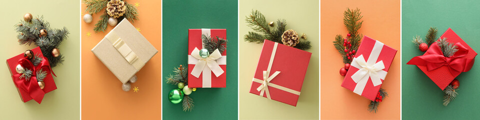 Collection of stylish Christmas gifts on color background
