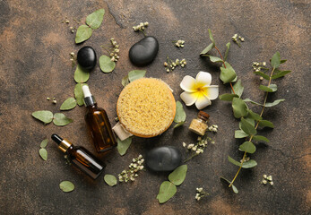 Composition with natural cosmetics and spa accessories on grunge background