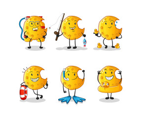 Crescent moon water activity group. cartoon mascot vector