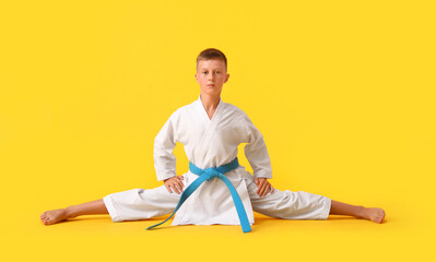 Little boy practicing karate on color background