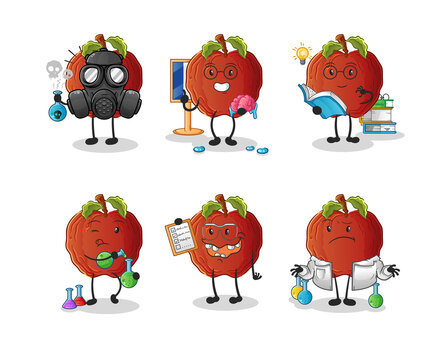 rotten apple scientist group character. cartoon mascot vector