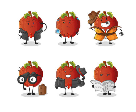 rotten apple detective group character. cartoon mascot vector
