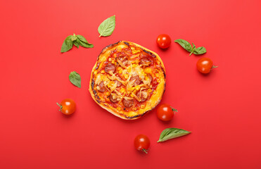 Delicious mini pizza on color background