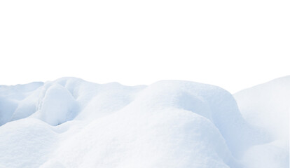 White snowy field with hills and smooth snow surface isolated on white background.