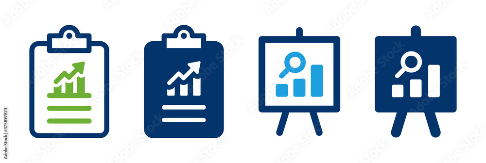 Poster data chart report on clipboard and whiteboard icon set. infographic concept