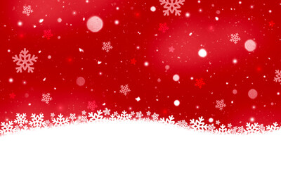 Red winter background with snow layer and snow with large flakes.
