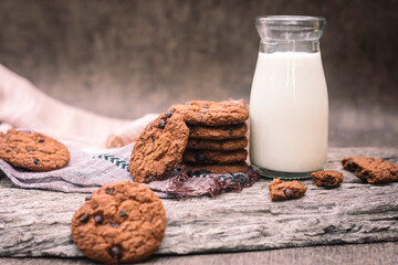 cholocate cookies and milk in the bottle
