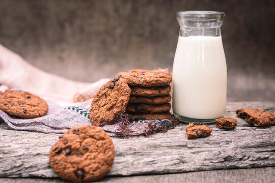 cholocate cookies and milk in the bottle