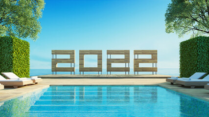 2022 Happy New Year Pool Villa Sea View / 3D rendering