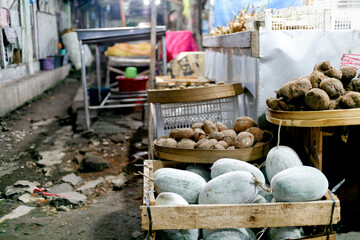 traditional market stall at night in java island, Indonesia.