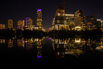 Austin downtown mirror reflection in the Colorado river. Texas, USA