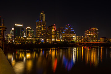 Fototapeta na wymiar Beautiful night Austin cityscape over Colorado river. Texas, USA