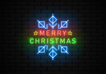 Merry christmas neon light with pine tree illustration vector