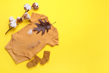 Composition with baby clothes, pacifier and cotton branch on color background