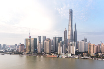 Shanghai skyline and cityscape at sunset.