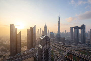 Fototapeta na wymiar City Skyline and cityscape at sunrise in Dubai. UAE 