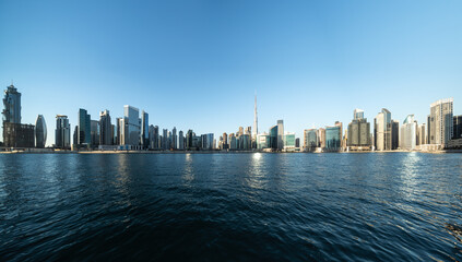 Panoramic views of the urban Skyline and modern skyscrapers in Dubai UAE.