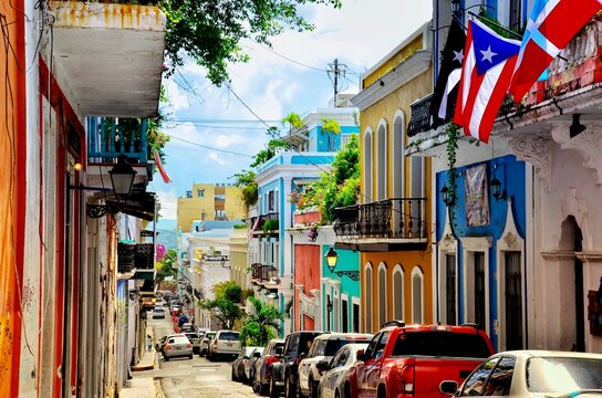 Street View of San Juan, Puerto Rico's capital and largest city, sits on the island's Atlantic coast. Cobblestoned Old San Juan features colorful Spanish colonial buildings