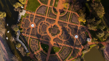 Aerial shot of beautiful Palermo Rosedal Garden Park in Buenos Aires, Argentina. Symmetrical background.