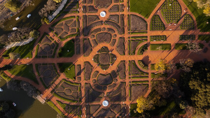 Aerial shot of beautiful Palermo Rosedal Garden Park in Buenos Aires, Argentina. Symmetrical background