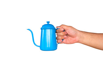 Hand hold kettle for making coffee by hand  isolated on white background