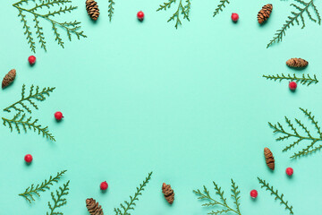 Frame made of thuja branches, berries and cones on color background