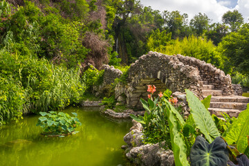 Japanese Tea Garden green pond bridge and plants in summer season. San Antonio, Texas - obrazy, fototapety, plakaty