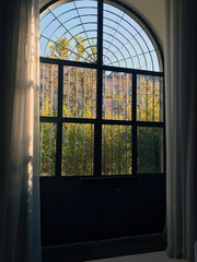 The view outside the windows of Italian town house. イタリアの都市なる古い建物のアーチ状の大きな窓から晴れた外を望む。