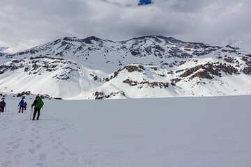 Winter season. Snowed mountains in La Egorda Valley, Caj&oacute;n del Maipo, central Andes mountain range, Chile