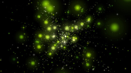 flying green particles on a black background. dark abstract background with glowing particles