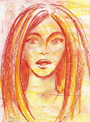 Portrait of a beautiful girl in ochre-brown tones. The woman is autumn. Hand-painted pastel drawing.