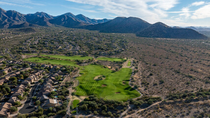 Aerial golf course images of scenic golf holes. - obrazy, fototapety, plakaty