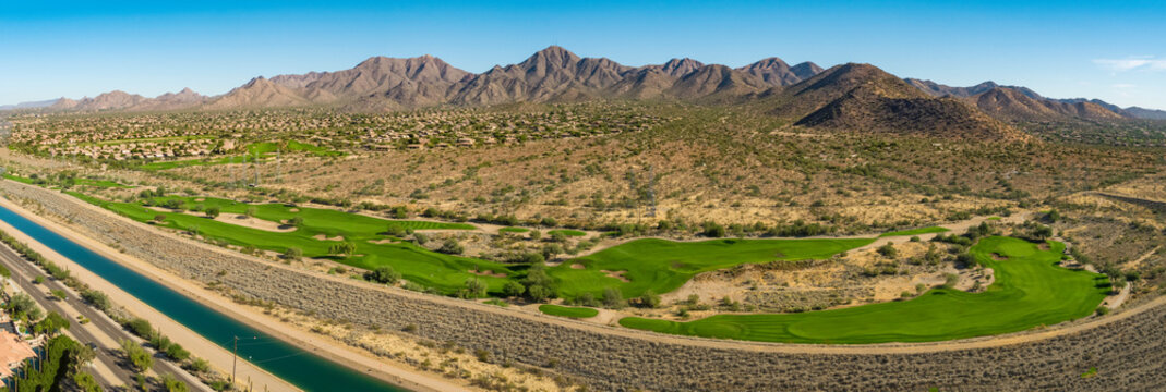 Panorama of a golf course in Scottsdale Arizona.  