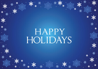 Happy holidays christmas season card. White and blue snowflakes frame on vector blue background.