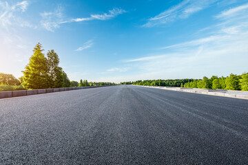 Straight asphalt road and green forest under blue sky
