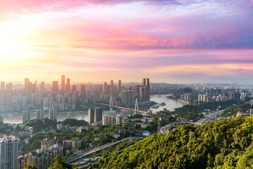 Panoramic skyline and modern commercial buildings in Chongqing, China.