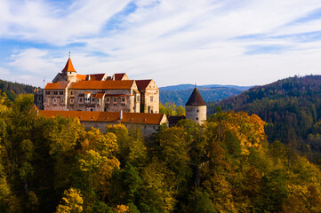 Above view of medieval castle Pernstein. South Moravian region. Czech Republic