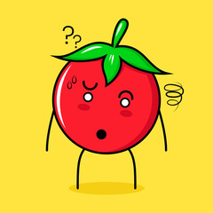 cute tomato character with confused expression. green, red and yellow. suitable for emoticon, logo, mascot