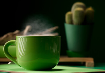 cup of green tea or coffee, hot with steam, cactus and old wood log, green background.