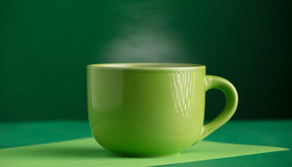 cup of green tea or coffee, hot with steam, green background.