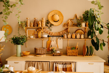 kitchen is made of wood with elements of eco style. hat and bagels