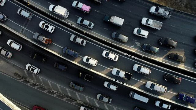 Aerial view Drone of rush hour cars in Dubai City in the Middle East.