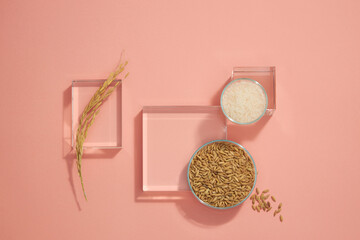 traditional food wheat and rice in petri dish with pink background for product advertising , traditional food content , top view