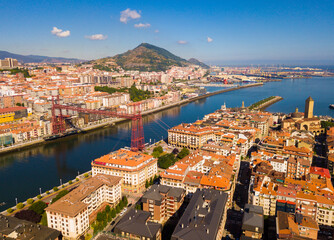 Aerial view of Bizkaia suspension Bridge in Portugalete, Spain