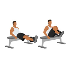 Obraz premium Man doing dumbbell weighted leg pull-ins. Abdominals exercise. Flat vector illustration isolated on white background.Editable file with layers