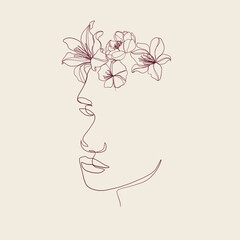 One continuous line portrait of woman with flower. Hand drawn linear face. Abstract minimalism style. Beauty and fashion. Vector decoration design for card, t-shirt, tattoo, poster. 